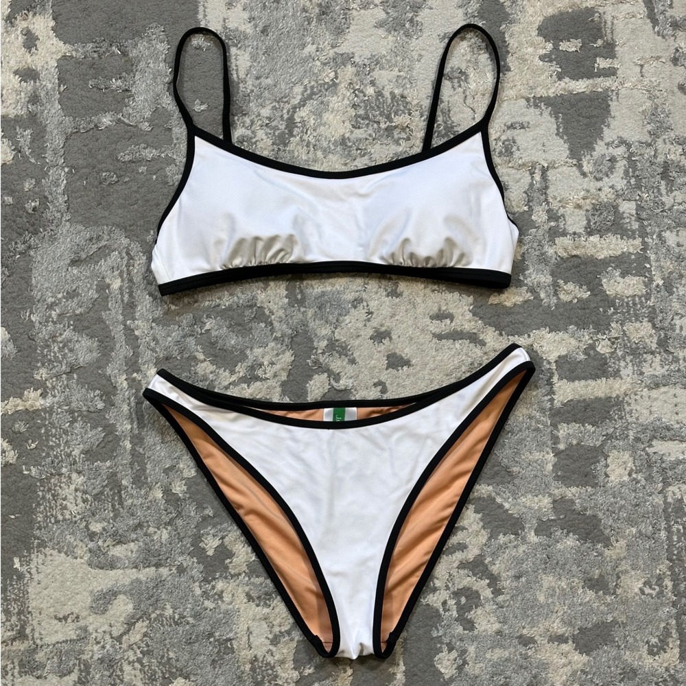 J.Crew Re-Imagined White Bikini Set Small  Black Contrast Trim BP206 Minimalist